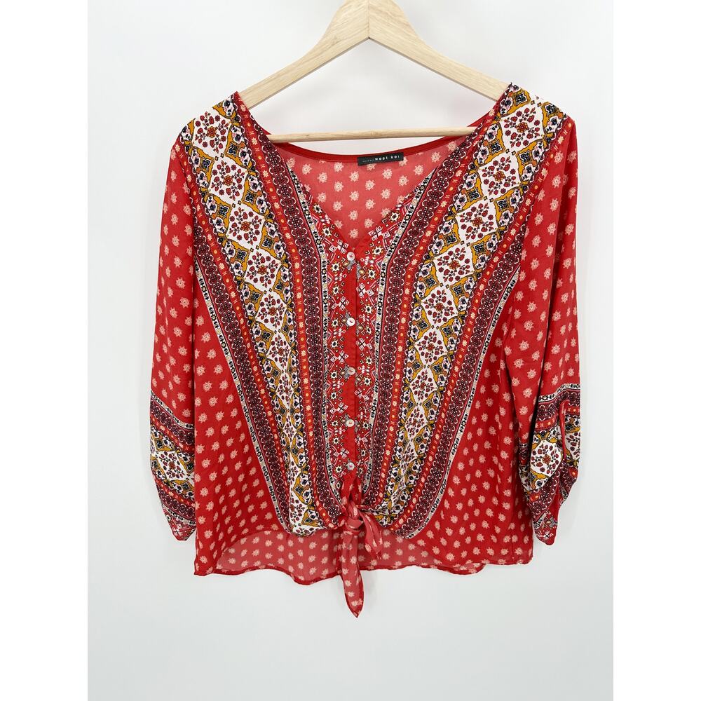 West Kei Top Women LARGE Talina Rust Red Printed V-Neck Tie Front Blouse - Picture 10 of 10